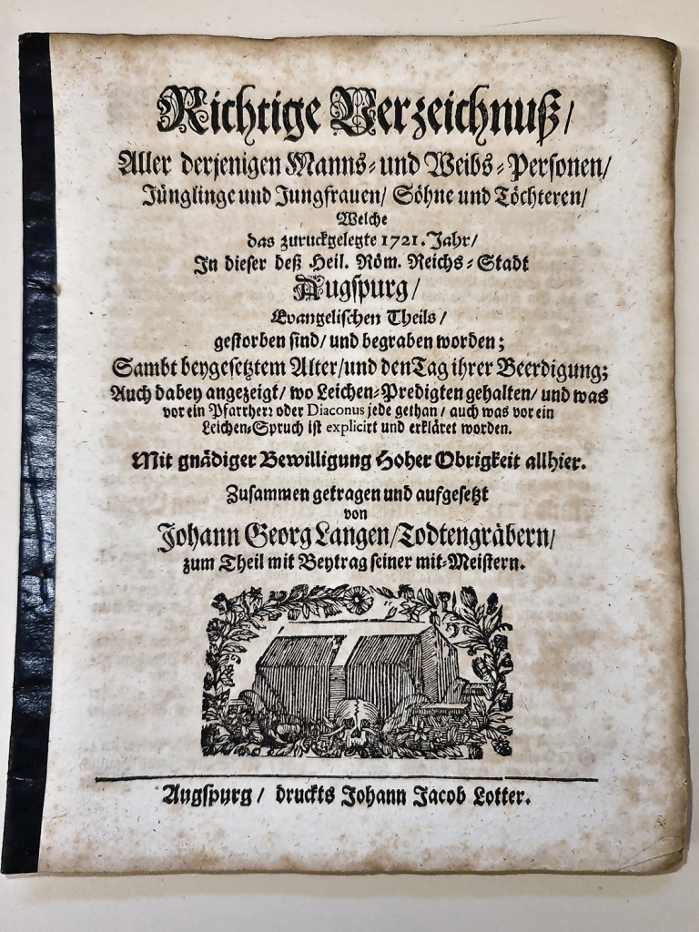„Richtige Verzeichnuß“ – die jährliche Buchführung der evangelischen Totengräbermeister (1721) | Deckblatt